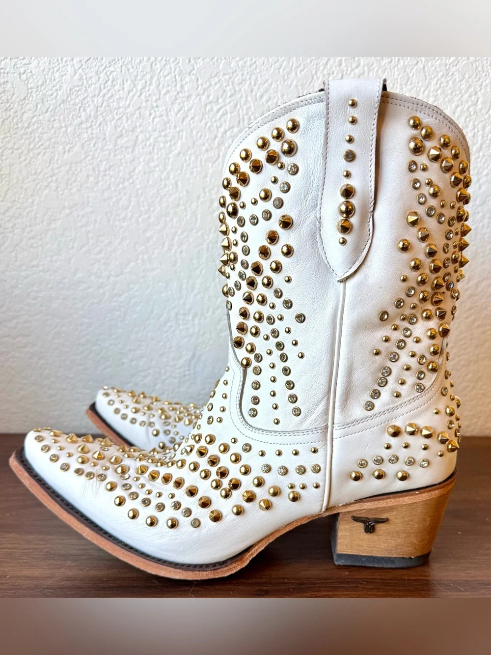 White Studded Lane Boots Dolly Western Ankle Boots with Gold Accents